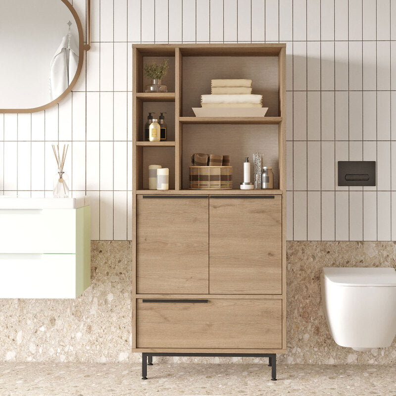 Vitrina librero moderna tipo madera con puertas y espacios de almacenamiento