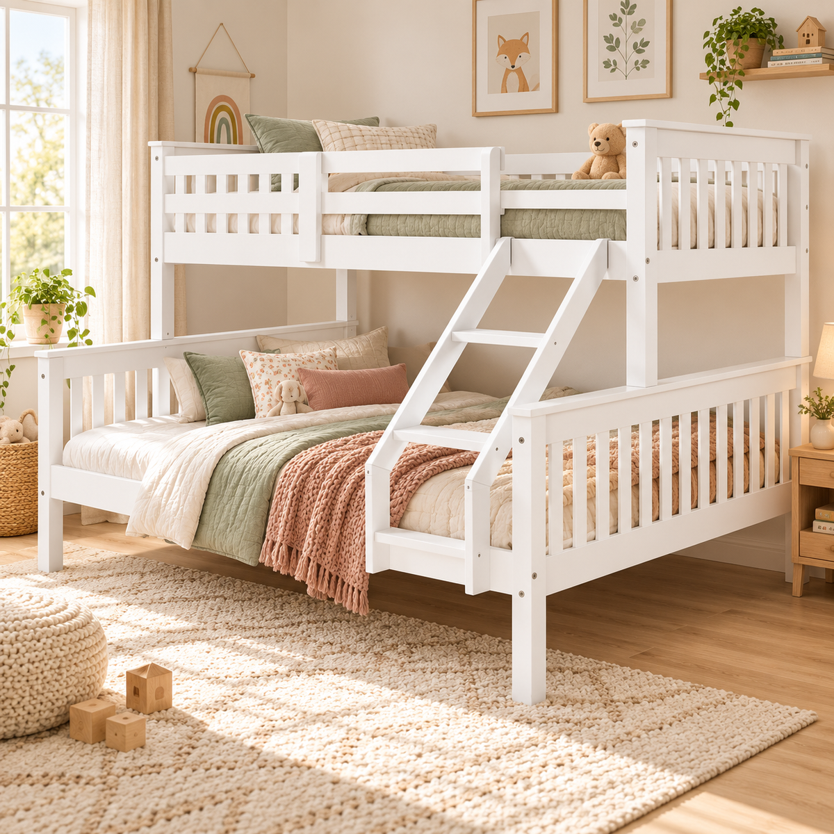 Litera de madera para 3 personas con cama inferior doble, escalera central y barandillas de seguridad