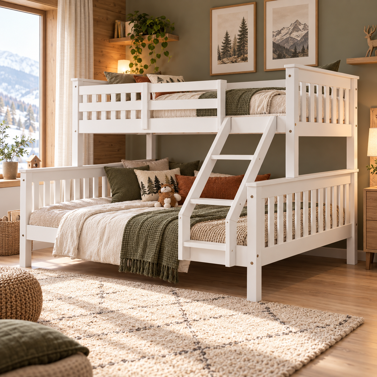 Litera de madera para 3 personas con cama inferior doble, escalera central y barandillas de seguridad