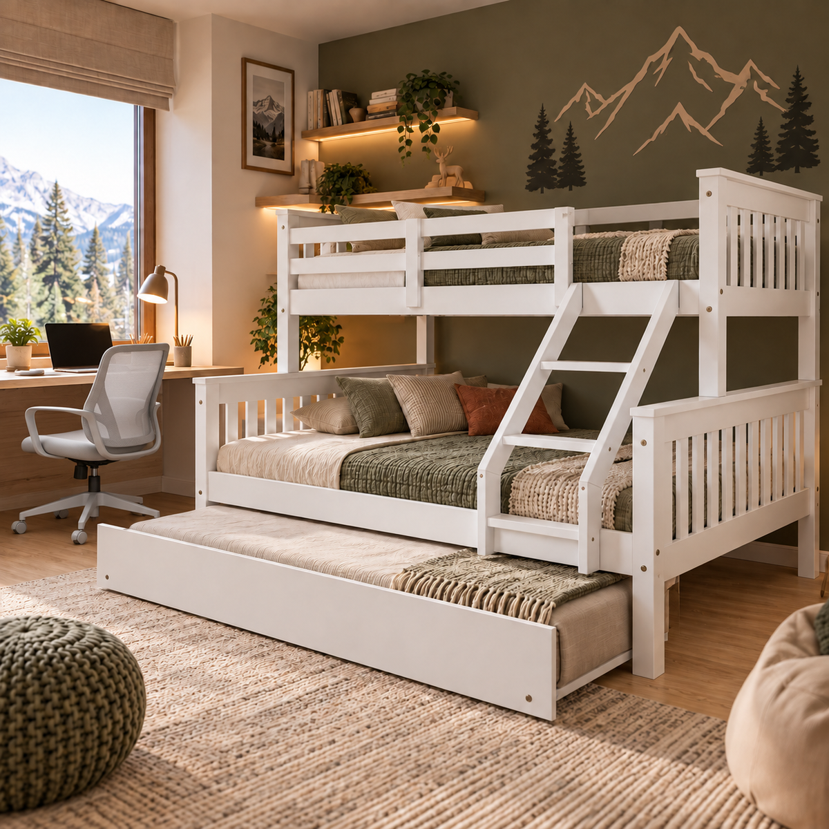 Litera de madera para 3 personas con cama inferior doble, escalera central y barandillas de seguridad