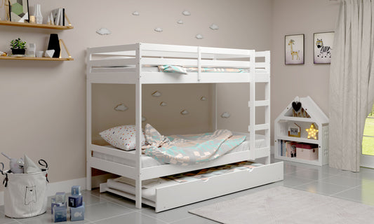 Litera para dormitorios Infantiles, Juveniles o de Invitados de Madera Maciza de Tres Camas con Escalera - para colchón de 90x190 cm