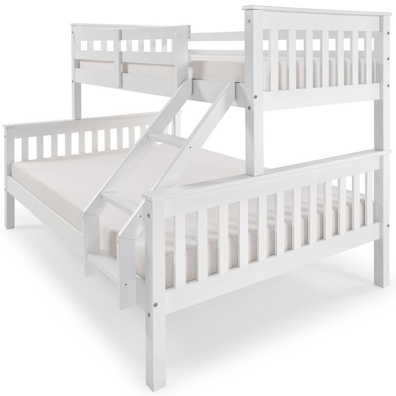 Litera de Madera Blanca 150x204x147 cm | Cama Matrimonial e Individual (135x190 abajo y 90x190 arriba) | Estructura Robusta con Escalera y Baranda de Seguridad - Buyqualia