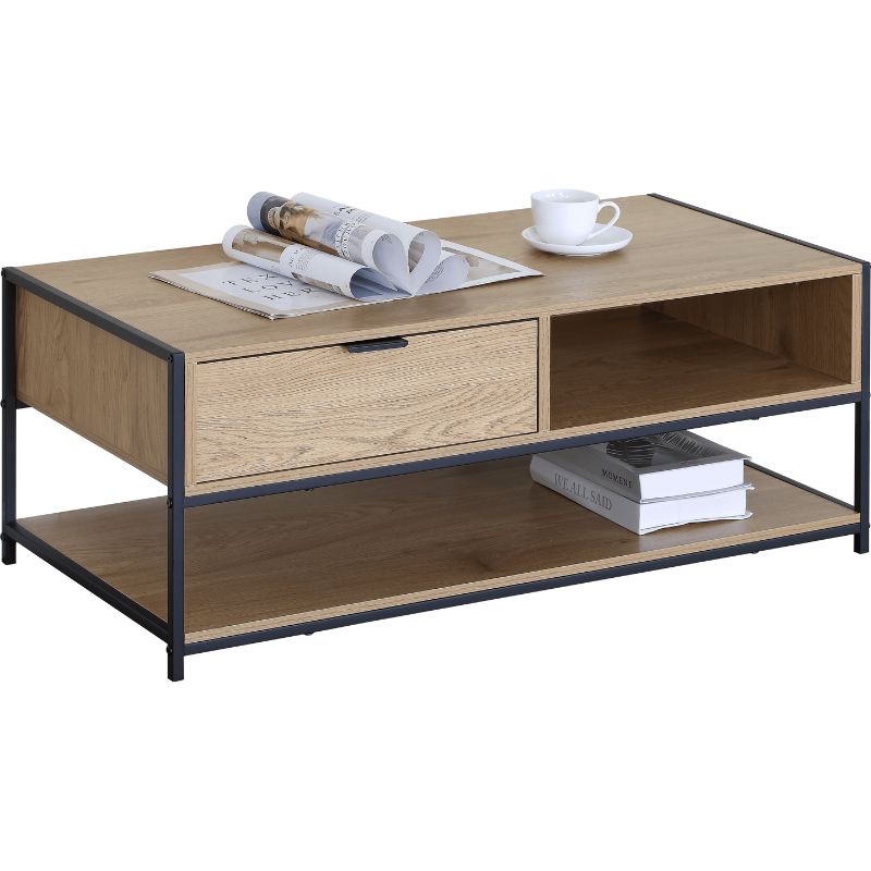 Mesa de centro con cajón y estante inferior color roble wild de 100x50x40 CM