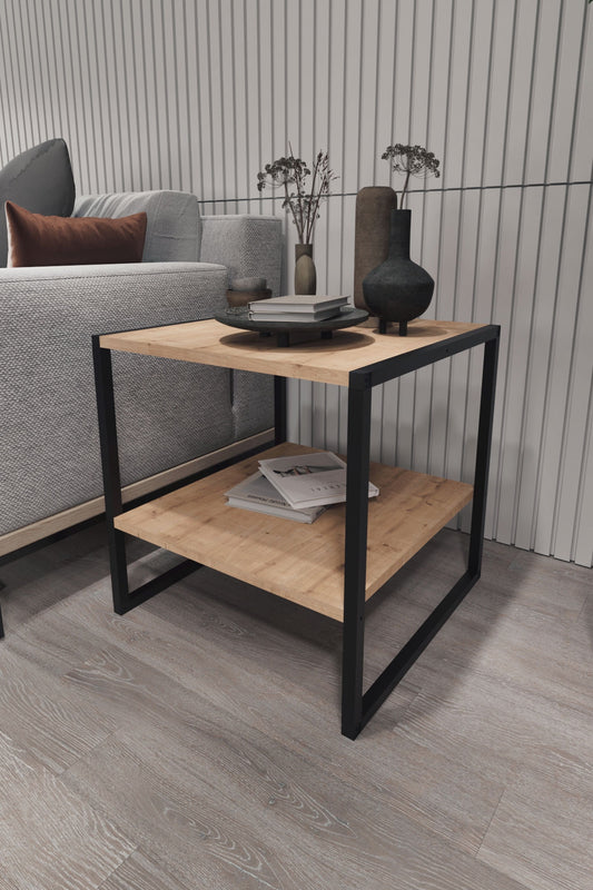 Buyqualia Mesa de Centro Cuadrada de Estilo Industrial con revistero en melamina y Acero Color Roble - Negro (Alto 56 / Ancho 50 / Fondo 50)