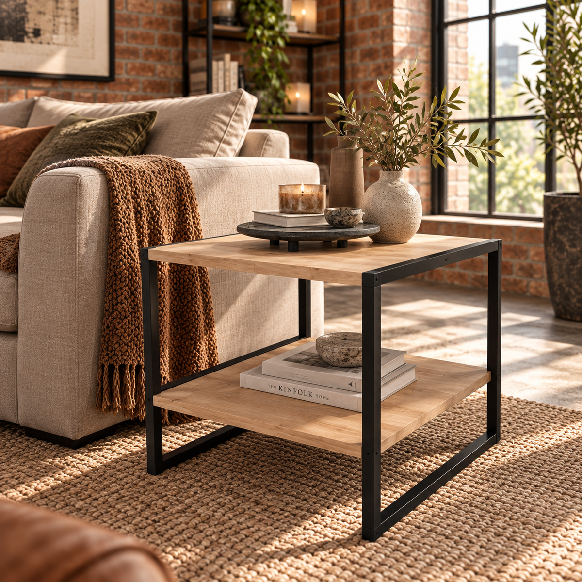 Mesa de centro cuadrada de estilo industrial con balda inferior, en melamina y acero.