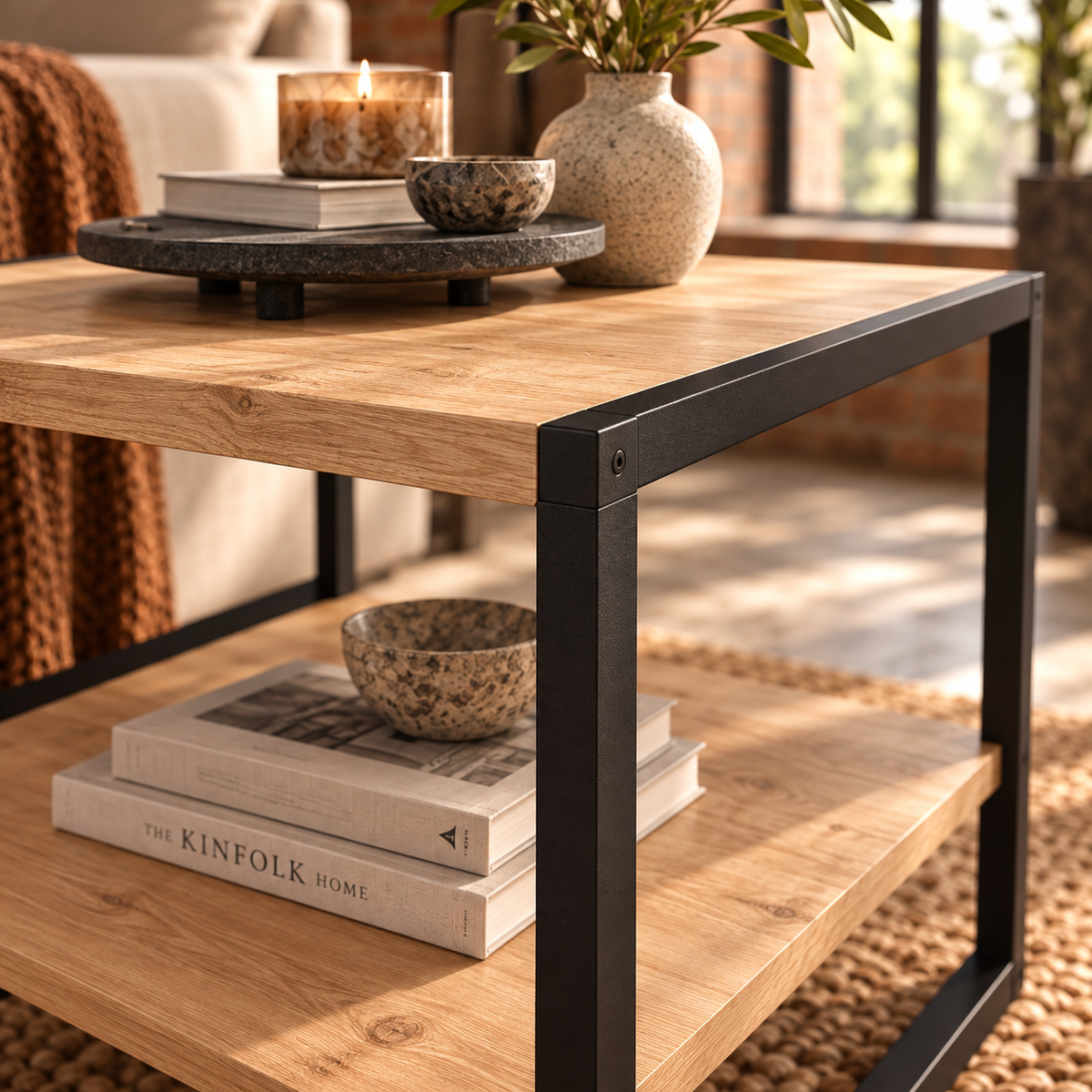 Mesa de centro cuadrada de estilo industrial con balda inferior, en melamina y acero.