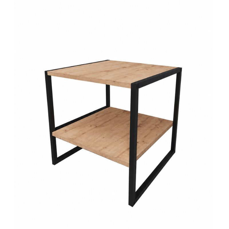 Mesa de centro cuadrada de estilo industrial con balda inferior, en melamina y acero.