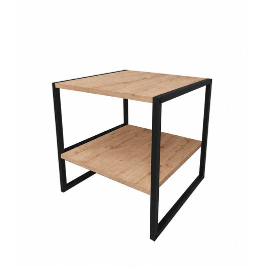 Mesa de centro cuadrada de estilo industrial con balda inferior, en melamina y acero.