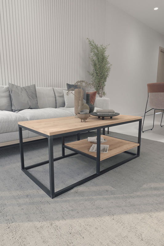 Buyqualia Mesa de Centro Rectangular de Estilo Industrial con revistero en melamina y Acero Color safir - Negro (Alto 42 / Ancho 105 / Fondo 50)