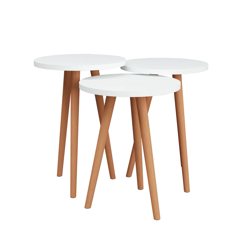 Juego de 3 Mesas Auxiliares Redondas Blancas con Patas Color Safir | Ø35 cm | Alturas Escalonadas de 49, 47 y 45 cm | Diseño Moderno y Versátil - Buyqualia