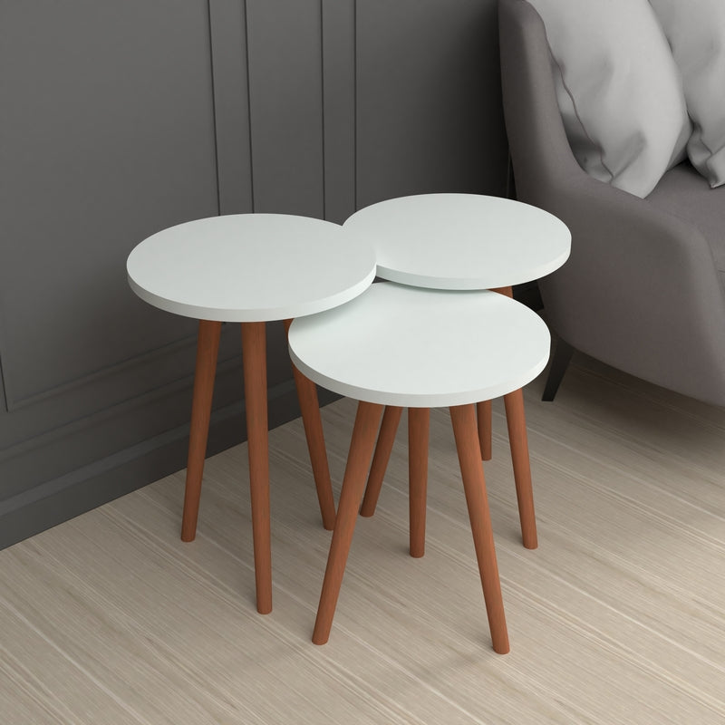 Juego de 3 Mesas Auxiliares Redondas Blancas con Patas Color Safir | Ø35 cm | Alturas Escalonadas de 49, 47 y 45 cm | Diseño Moderno y Versátil - Buyqualia