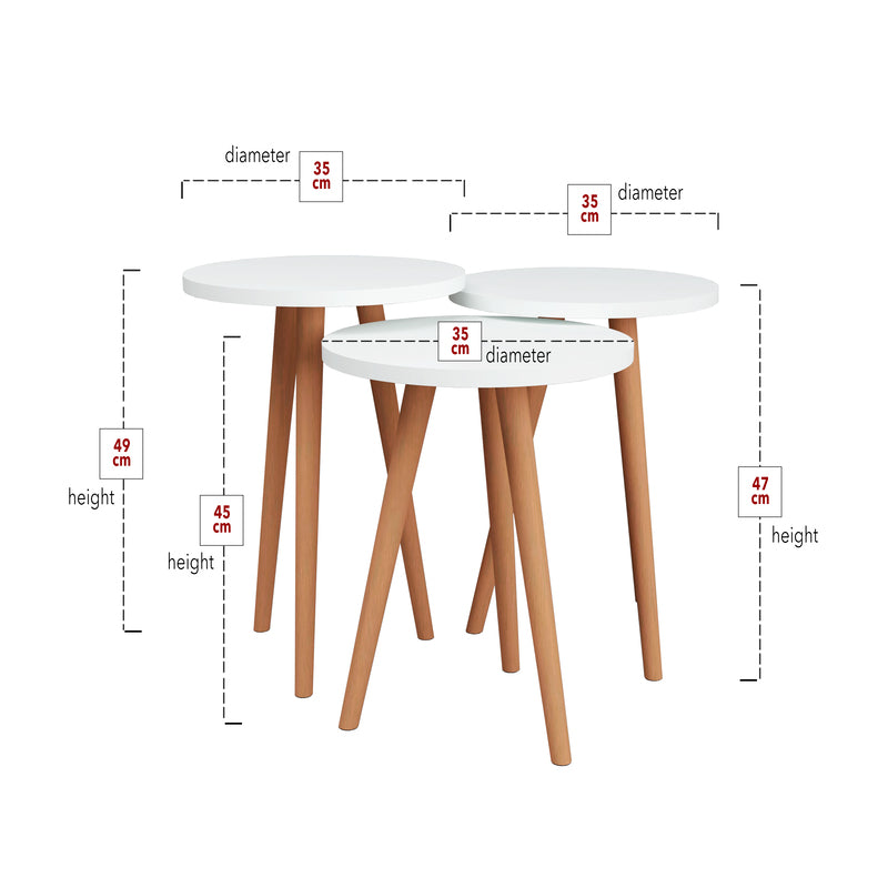 Juego de 3 Mesas Auxiliares Redondas Blancas con Patas Color Safir | Ø35 cm | Alturas Escalonadas de 49, 47 y 45 cm | Diseño Moderno y Versátil - Buyqualia