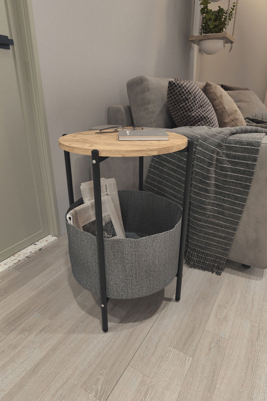 Mesita Auxiliar Redonda con Revistero de Tela – Madera y Metal – Estilo Moderno Industrial - Buyqualia