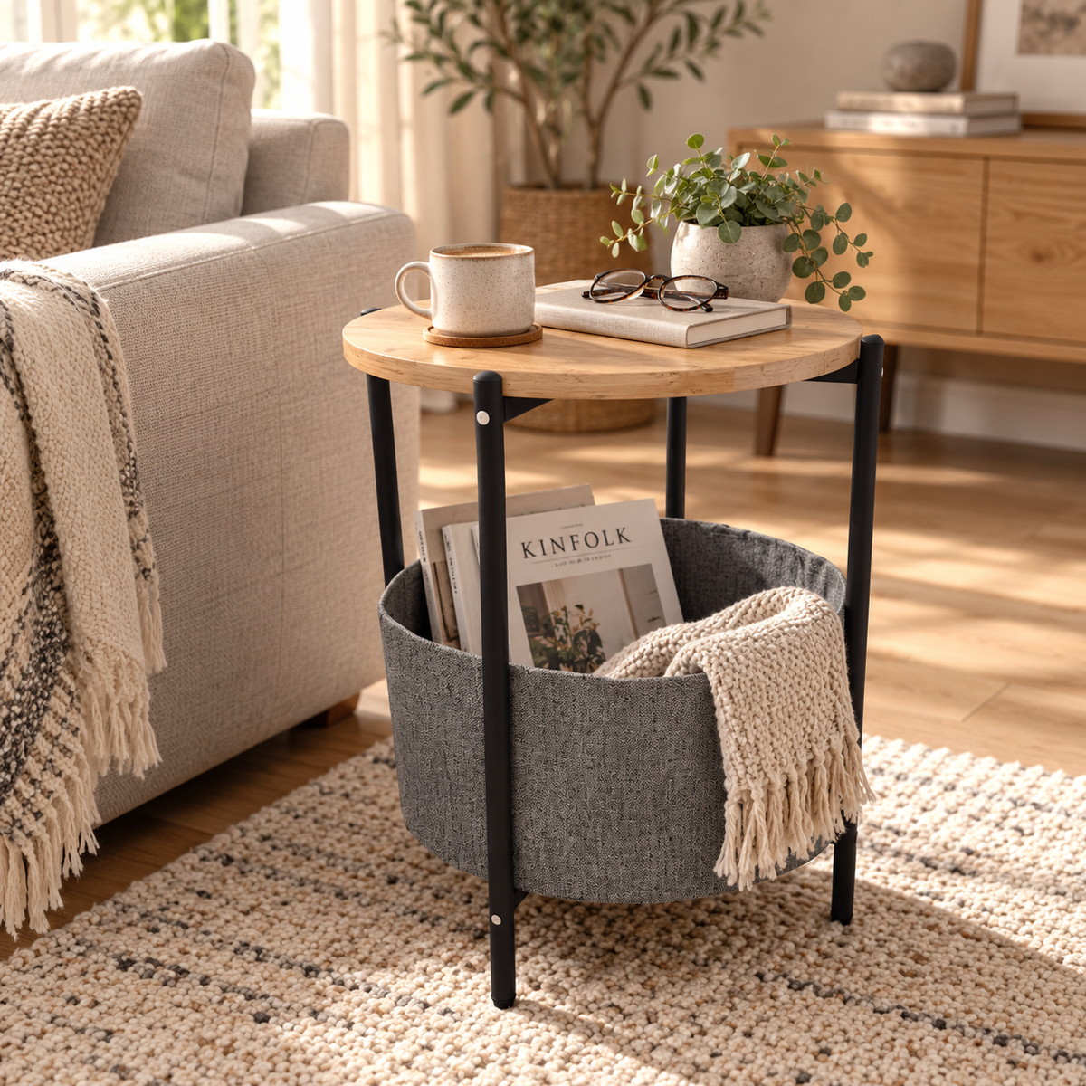 Mesita Auxiliar Redonda con Revistero de Tela – Madera y Metal – Estilo Moderno Industrial