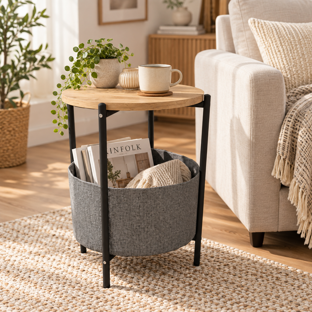 Mesita Auxiliar Redonda con Revistero de Tela – Madera y Metal – Estilo Moderno Industrial
