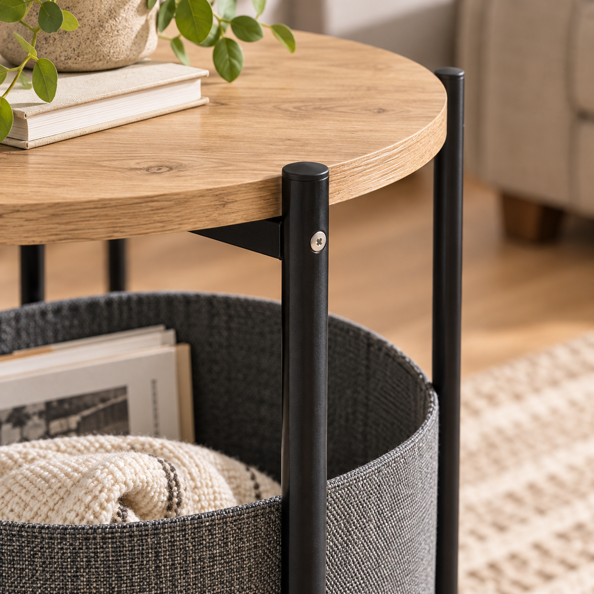 Mesita Auxiliar Redonda con Revistero de Tela – Madera y Metal – Estilo Moderno Industrial