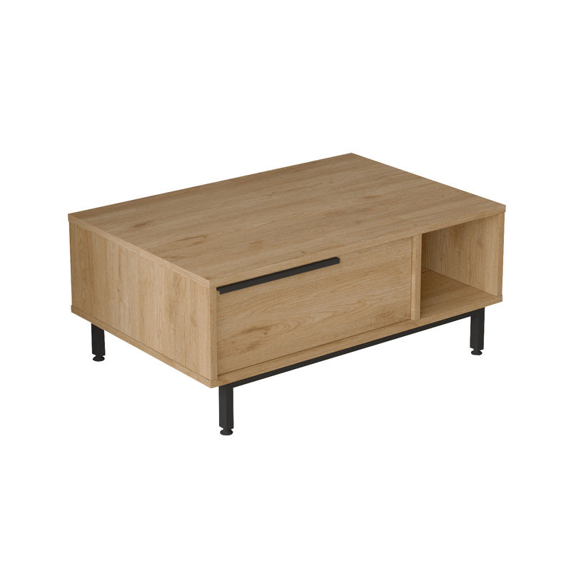 Mesa de centro moderna tipo madera con cajón y repisa lateral