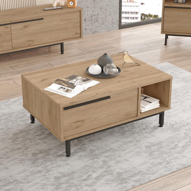 Mesa de centro moderna tipo madera con cajón y repisa lateral