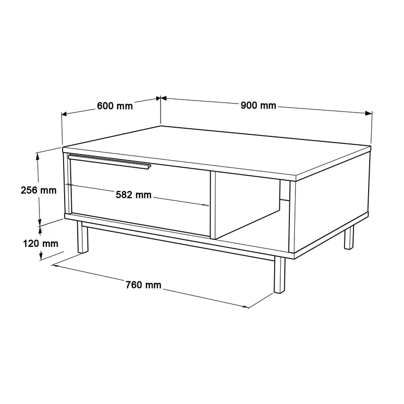 Mesa de centro moderna tipo madera con cajón y repisa lateral