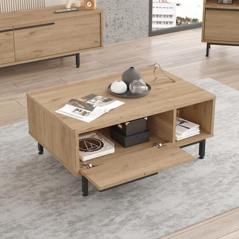 Mesa de centro moderna tipo madera con cajón y repisa lateral