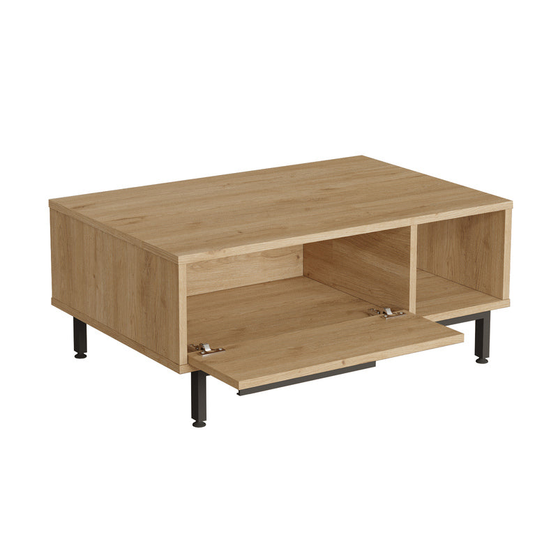 Mesa de centro moderna tipo madera con cajón y repisa lateral