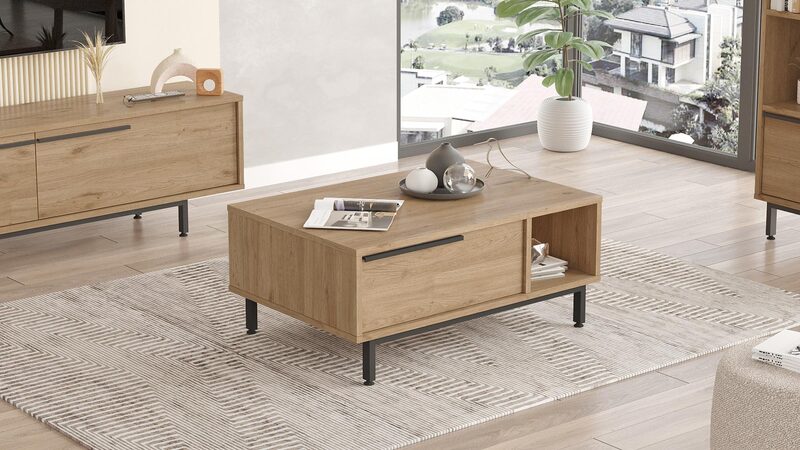 Mesa de centro moderna tipo madera con cajón y repisa lateral