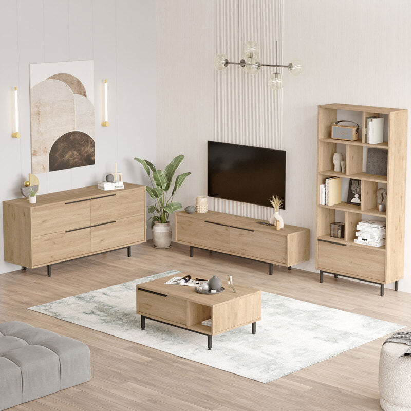 Mesa de centro moderna tipo madera con cajón y repisa lateral