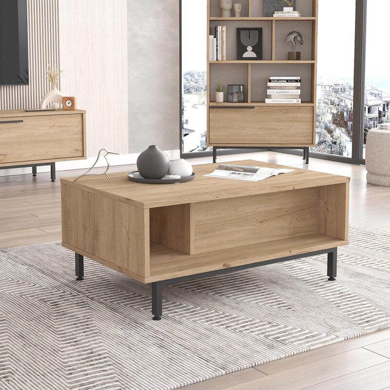 Mesa de centro moderna tipo madera con cajón y repisa lateral