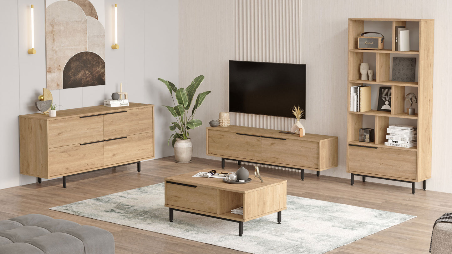 Mesa de centro moderna tipo madera con cajón y repisa lateral