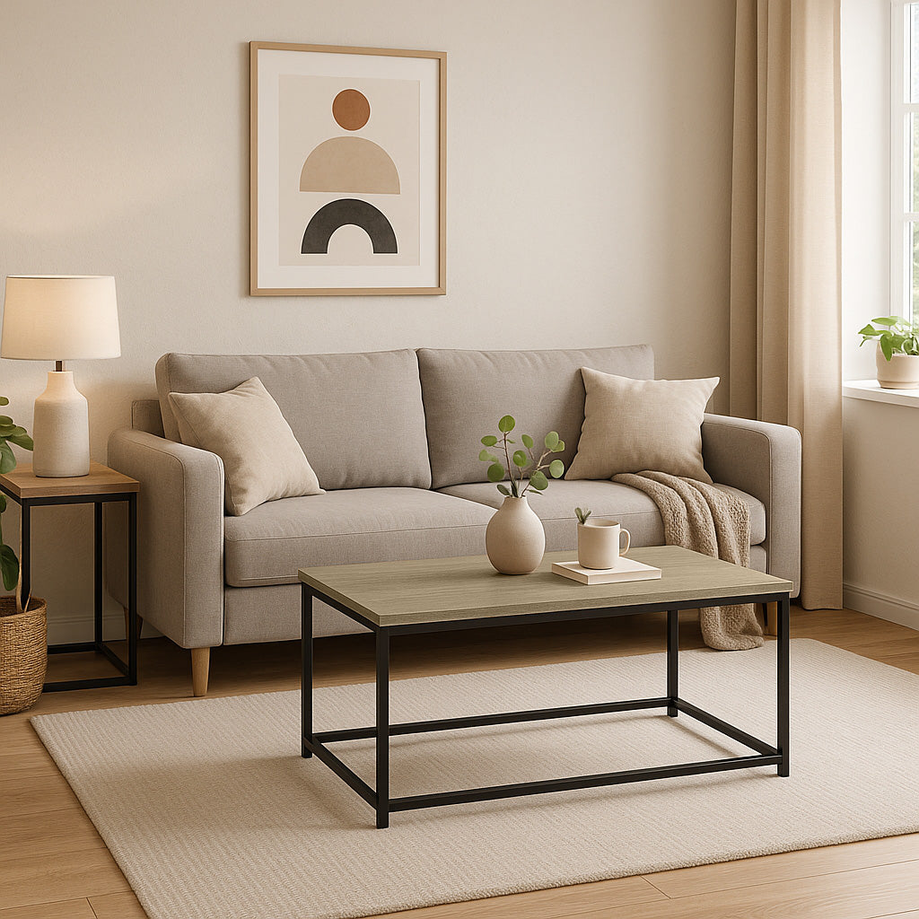Mesa de Centro Estilo Industrial Rectangular – En Melamina Color Roble y Patas de Acero Negro - 40,5x90x48 cm -  Buyqualia