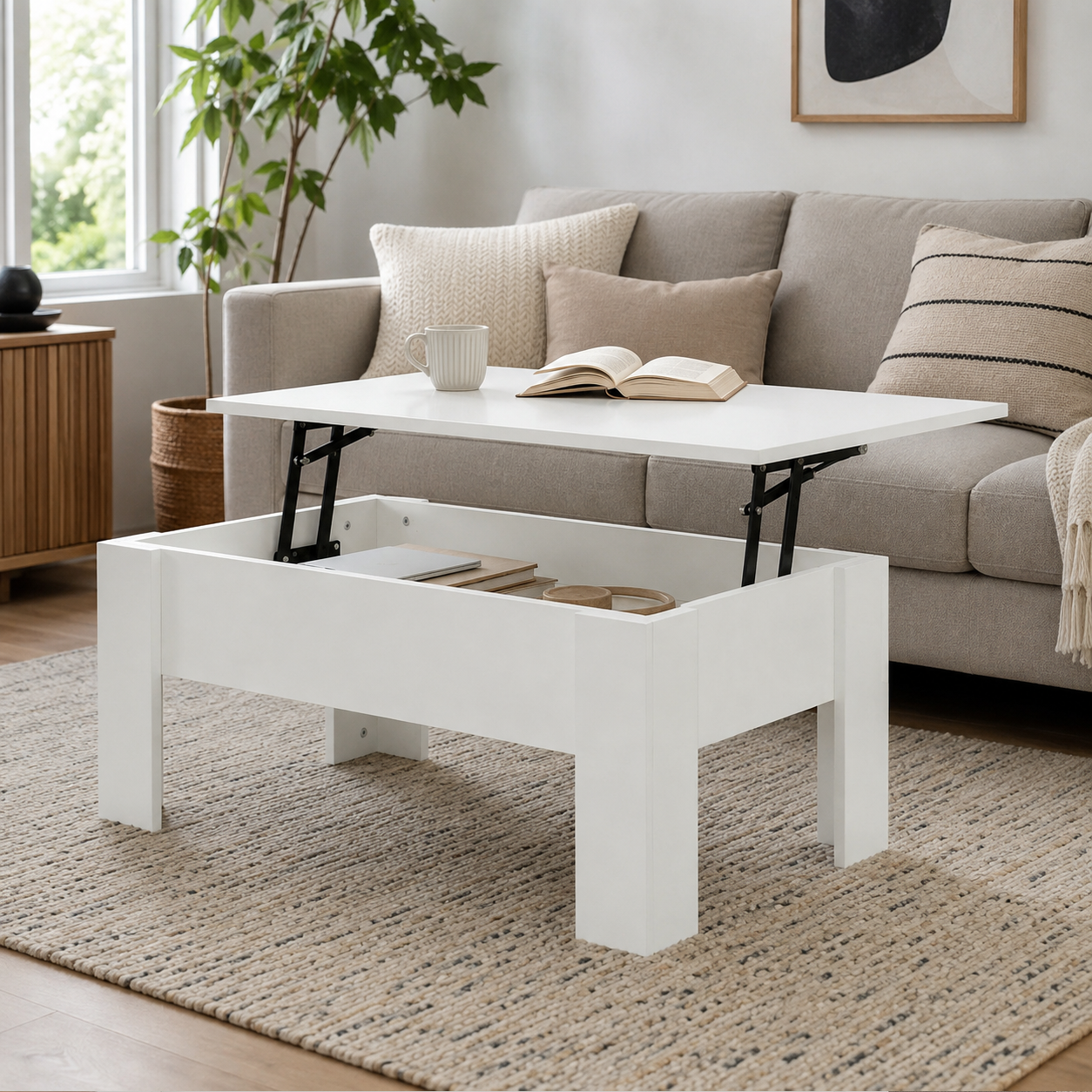Mesa de Centro Elevable con Espacio de Almacenaje – Mesa de Salón Funcional – Disponible en Blanco, Roble Ares y Sonoma