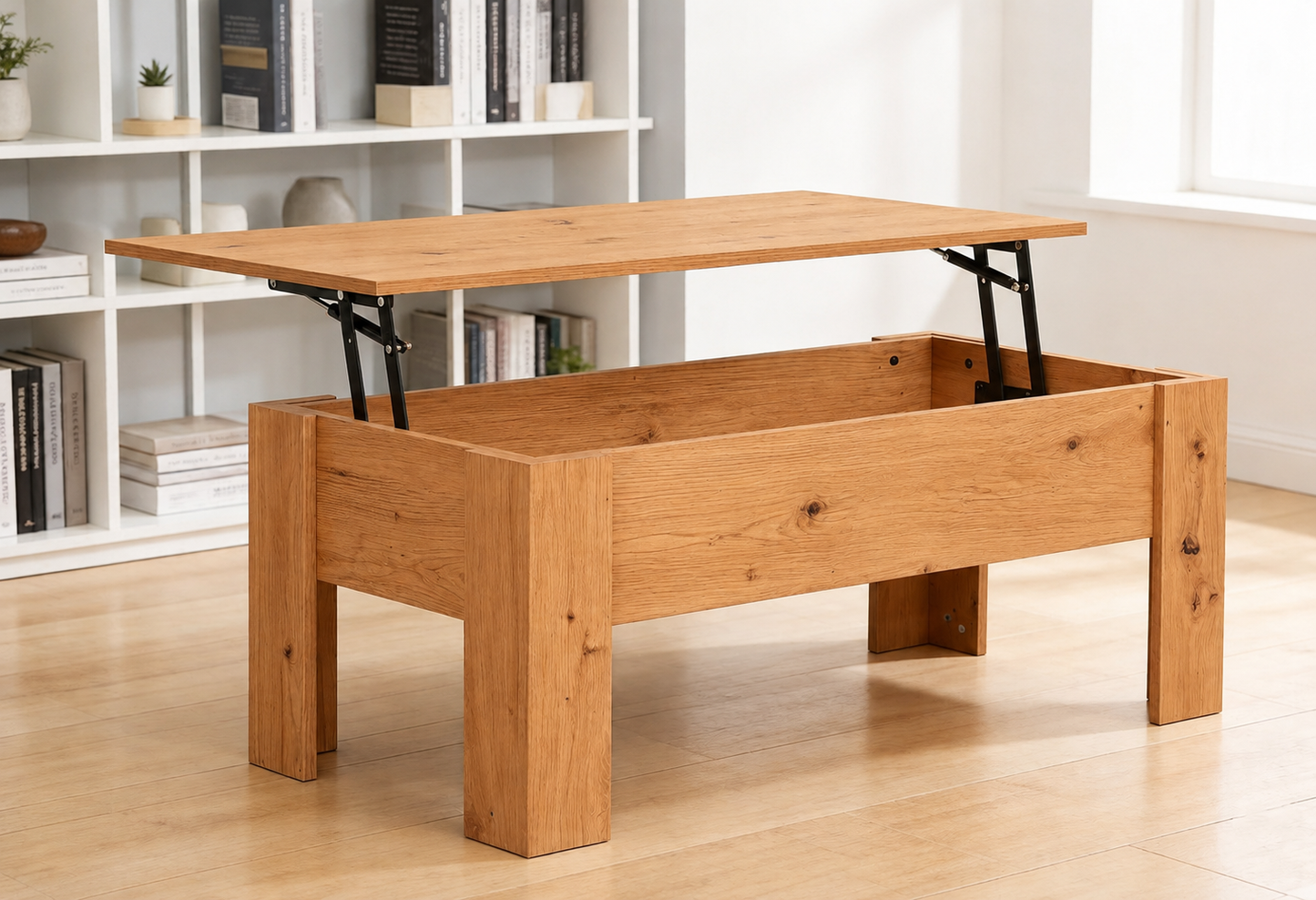 Mesa de Centro Elevable con Espacio de Almacenaje – Mesa de Salón Funcional – Disponible en Blanco, Roble Ares y Sonoma