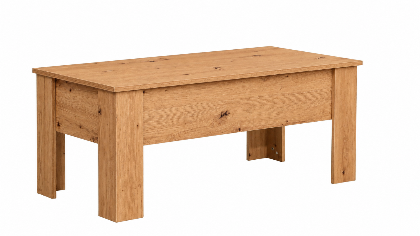 Mesa de Centro Elevable con Espacio de Almacenaje – Mesa de Salón Funcional – Disponible en Blanco, Roble Ares y Sonoma