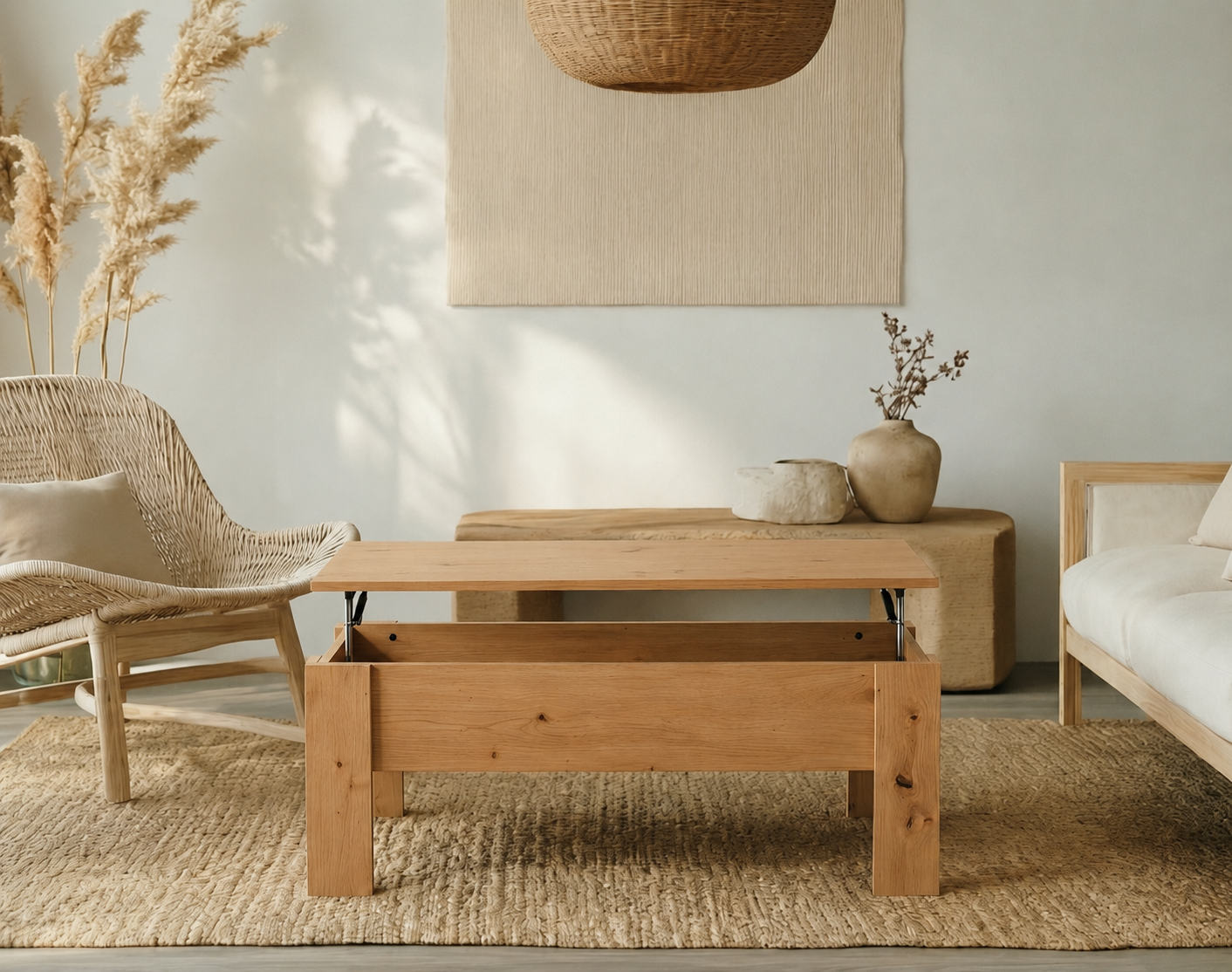 Mesa de Centro Elevable con Espacio de Almacenaje – Mesa de Salón Funcional – Disponible en Blanco, Roble Ares y Sonoma