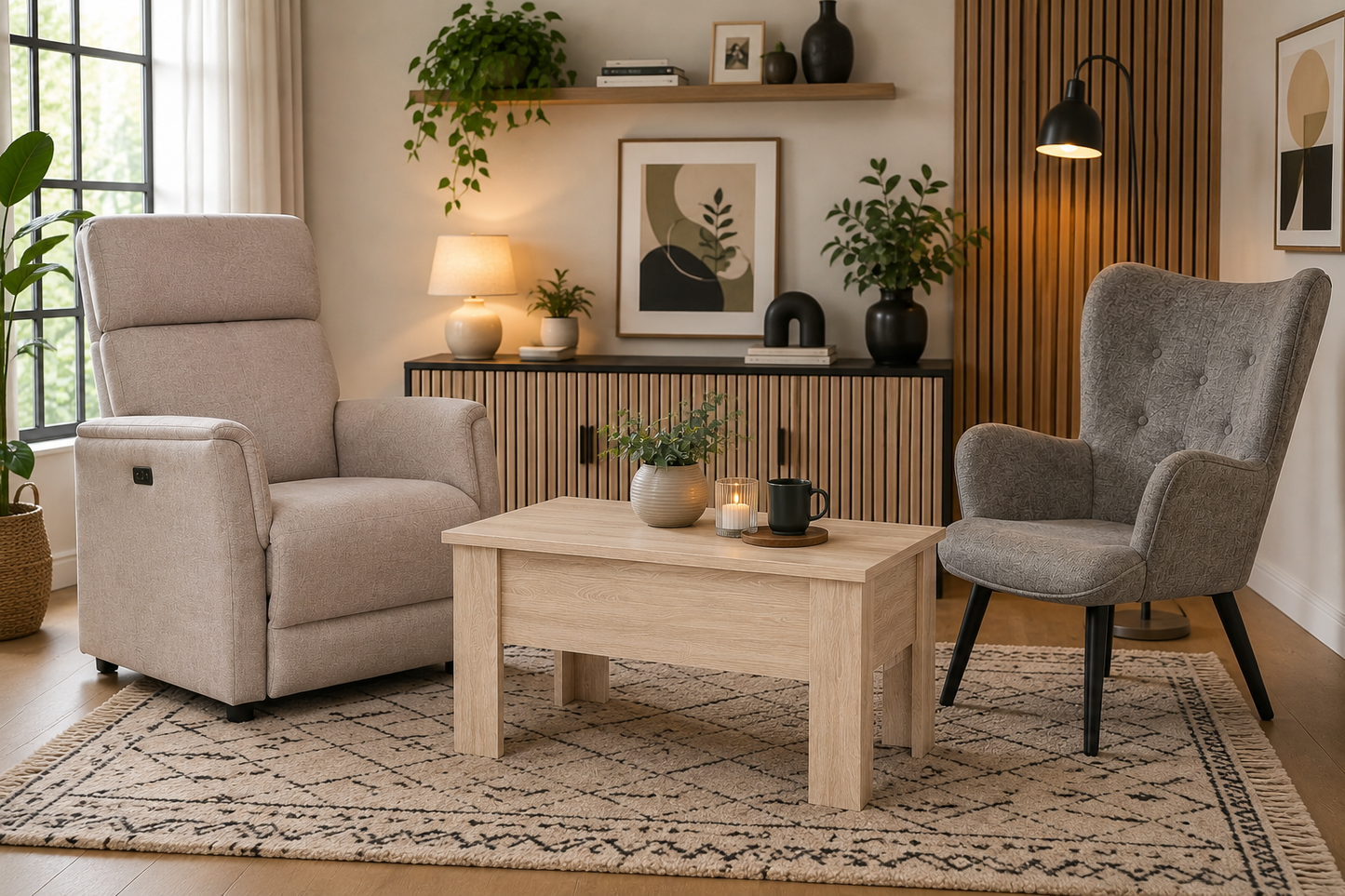 Mesa de Centro Elevable con Espacio de Almacenaje – Mesa de Salón Funcional – Disponible en Blanco, Roble Ares y Sonoma