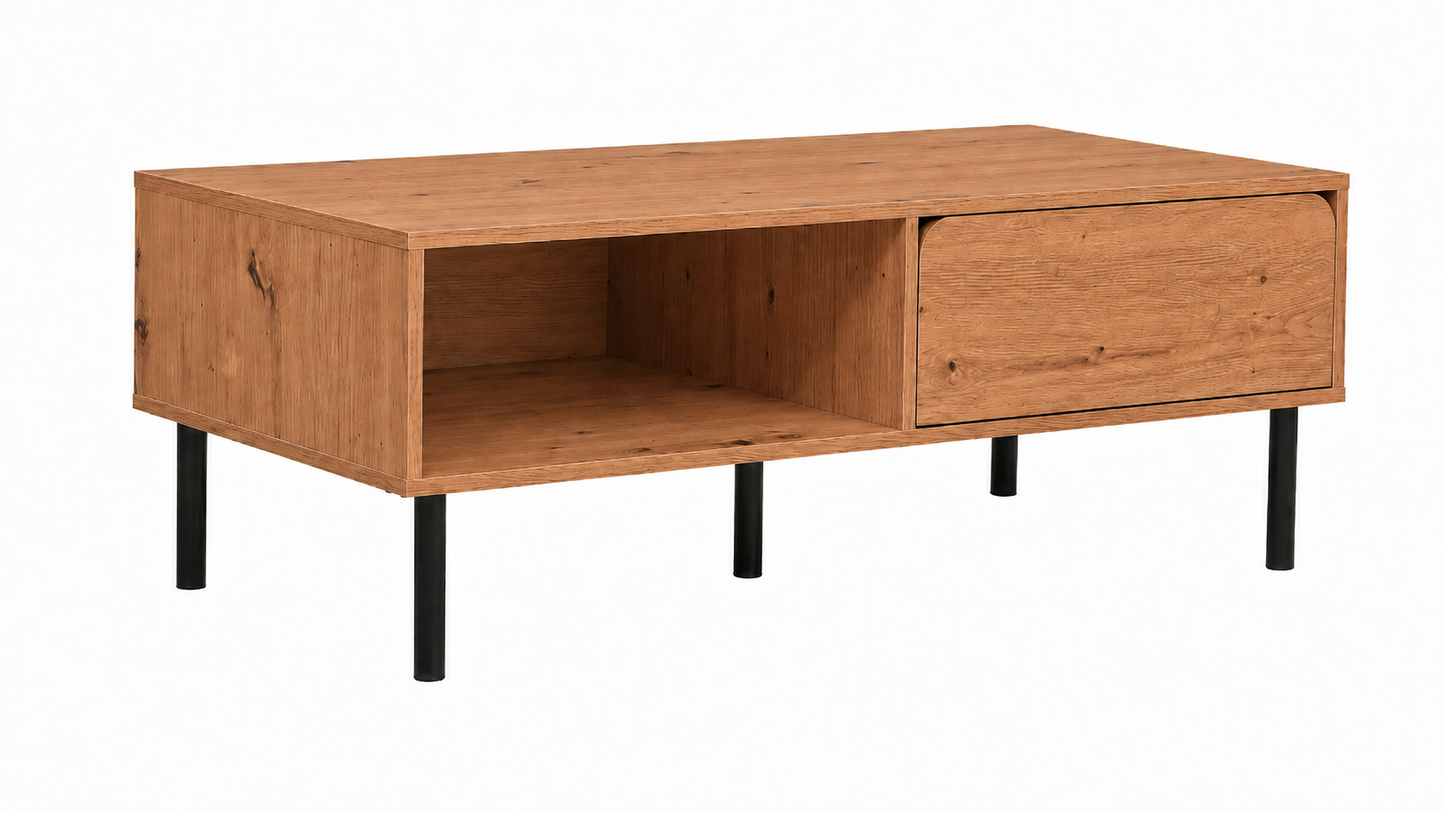 Mesa de centro moderna en acabado roble ares con cajón, hueco abierto y patas negras