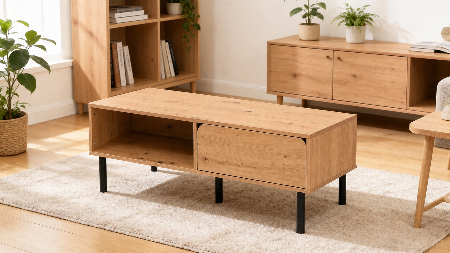Mesa de centro moderna en acabado roble ares con cajón, hueco abierto y patas negras