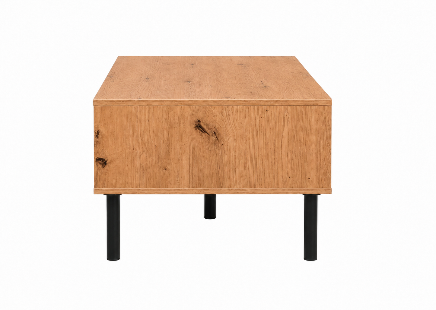 Mesa de centro moderna en acabado roble ares con cajón, hueco abierto y patas negras