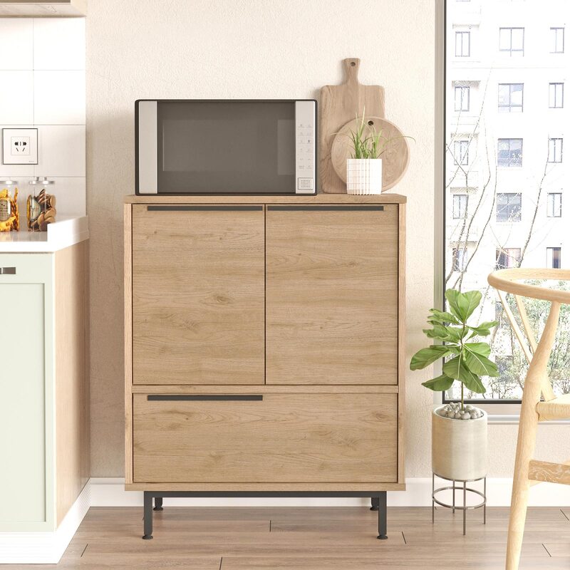 Aparador de Madera Acabado Roble con Patas Metálicas – Estilo Moderno Industrial – Mueble de Almacenaje para Salón, Comedor o Recibidor – Buyqualia