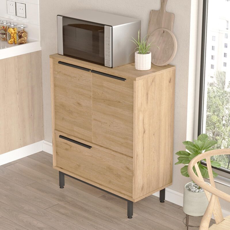 Aparador de Madera Acabado Roble con Patas Metálicas – Estilo Moderno Industrial – Mueble de Almacenaje para Salón, Comedor o Recibidor – Buyqualia