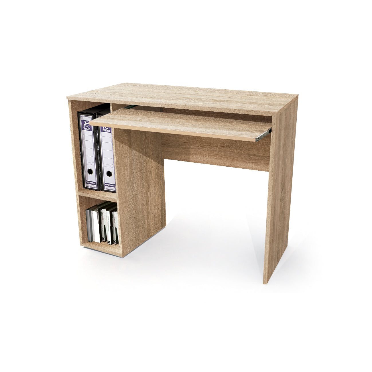 Buyqualia Escriorio Mesa Oficina con Bandeja extraíble y estantes, en Color Blanco, Roble y Blanco-Roble (Alto 75 / Ancho 90 / Fondo 45 cm)