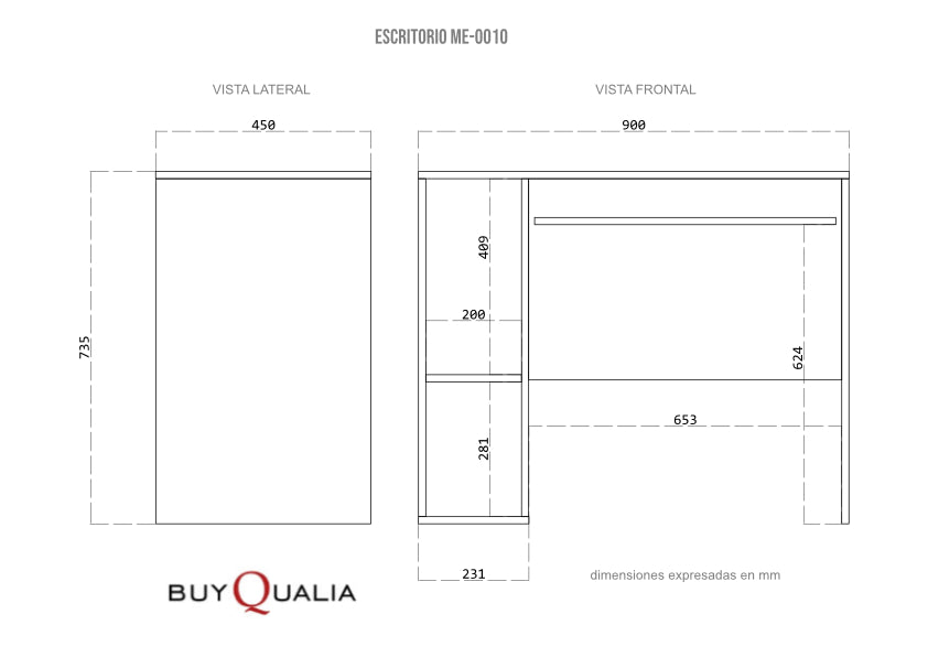Buyqualia Escriorio Mesa Oficina con Bandeja extraíble y estantes, en Color Blanco, Roble y Blanco-Roble (Alto 75 / Ancho 90 / Fondo 45 cm)
