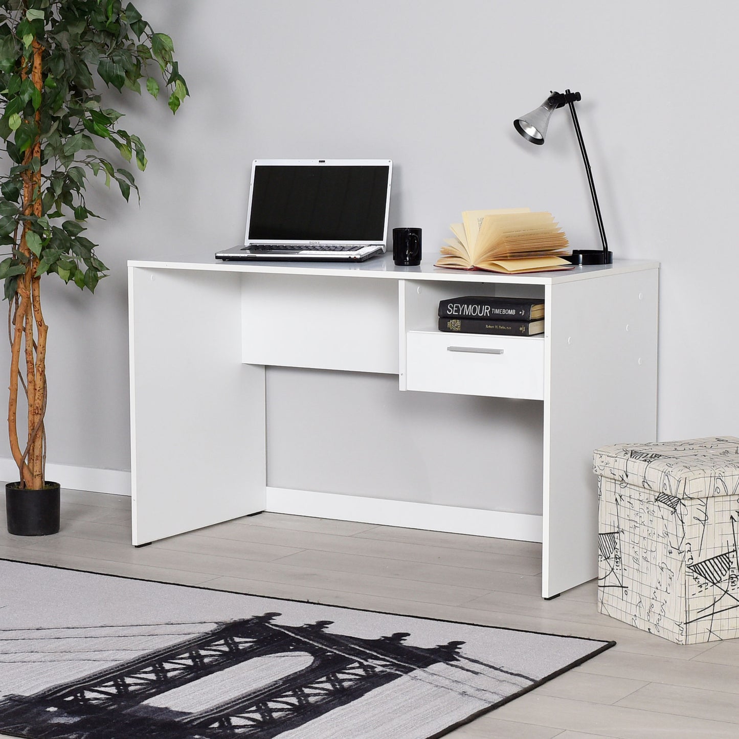 Buyqualia Mesa Escritorio Cajón con Cerradura y Estante en Color Blanco y Roble