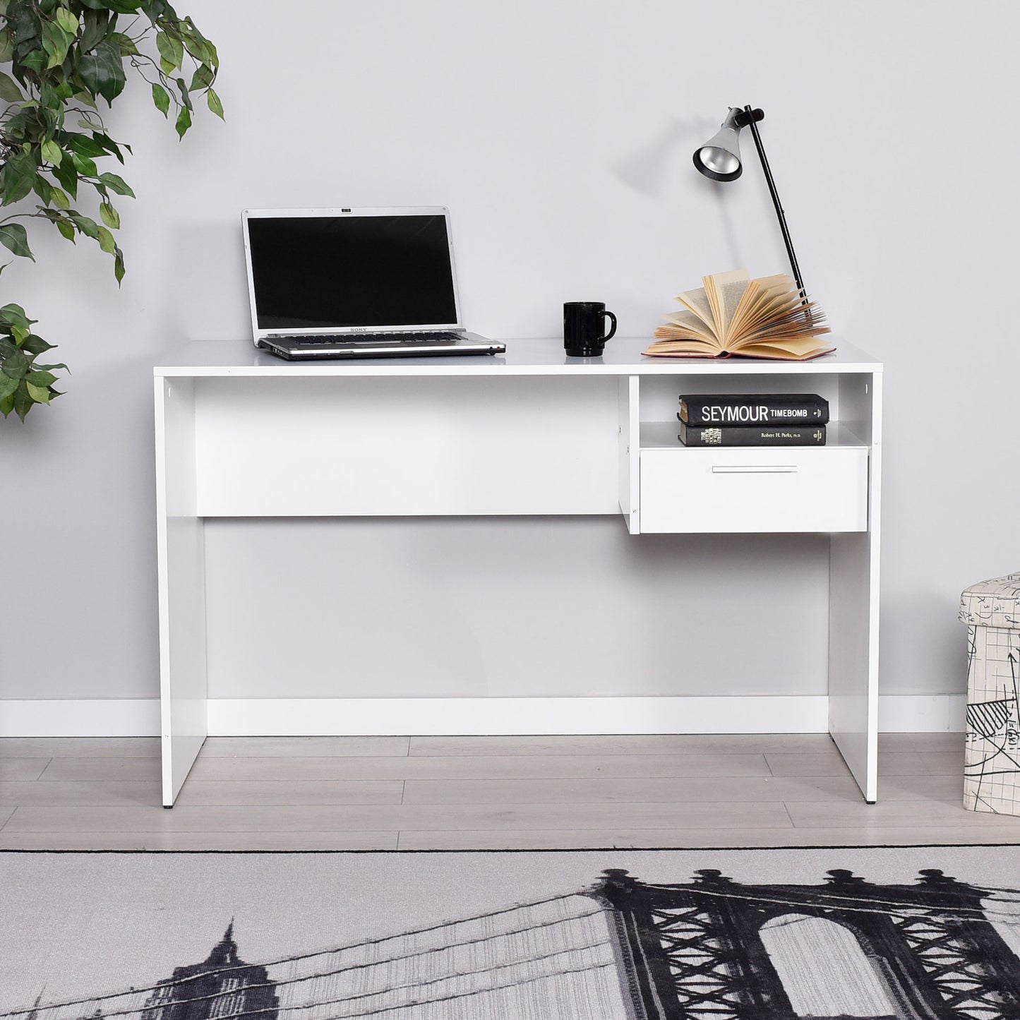 Buyqualia Mesa Escritorio Cajón con Cerradura y Estante en Color Blanco y Roble