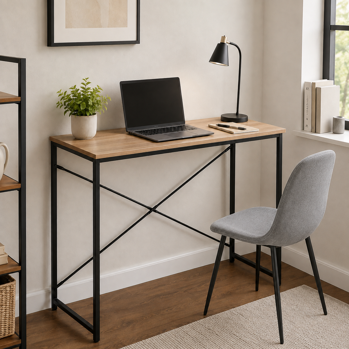 Escritorio compacto con estructura metálica y tapa sonoma
