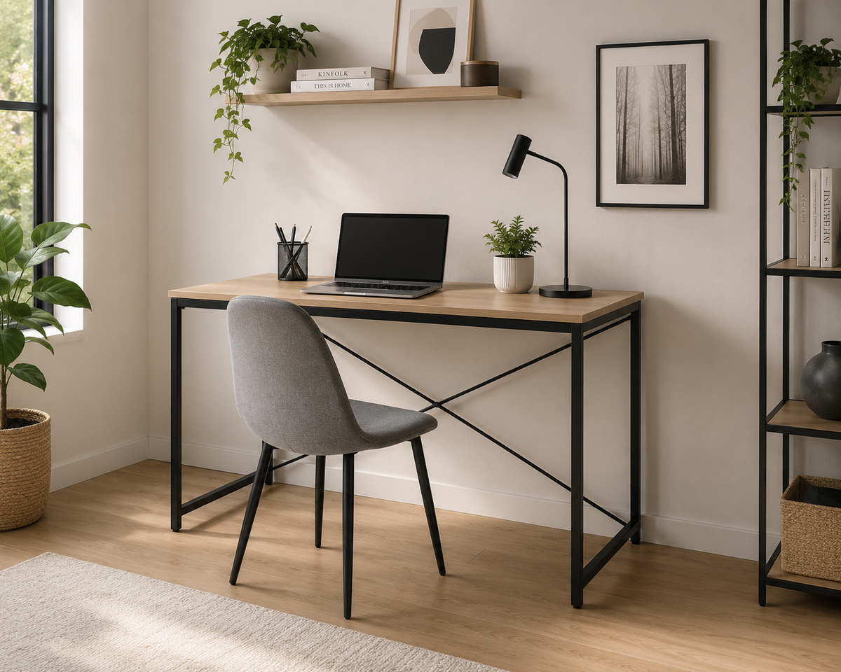 Escritorio compacto con estructura metálica y tapa sonoma