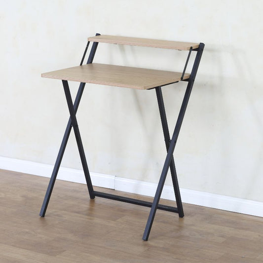 Escritorio plegable compacto de madera y metal con repisa superior