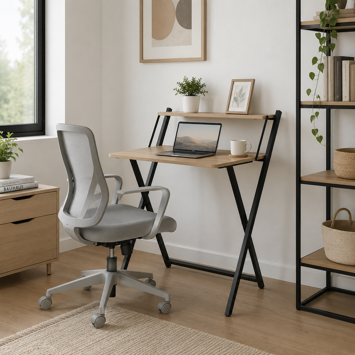 Escritorio plegable compacto de madera y metal con repisa superior