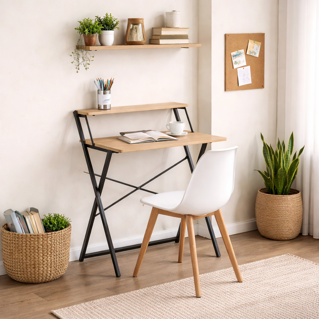 Escritorio plegable compacto de madera y metal con repisa superior