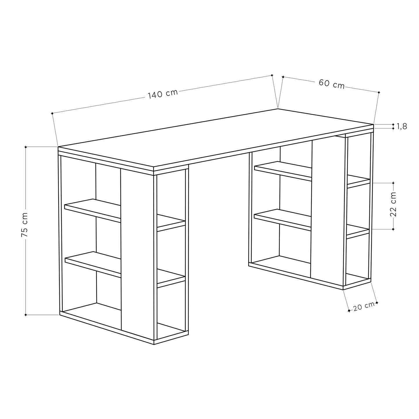 Escritorio de 140 cm de ancho con estantes para almacenamiento y espacio para ordenador  (alto 75 / ancho 140 / fondo 60)
